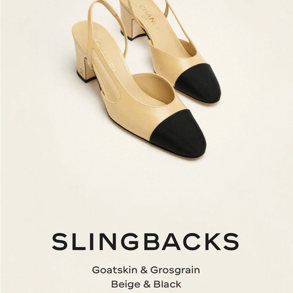 CHANEL 2025 Classic Beige / Black Goatskin and Grosgrain CC Slingbacks